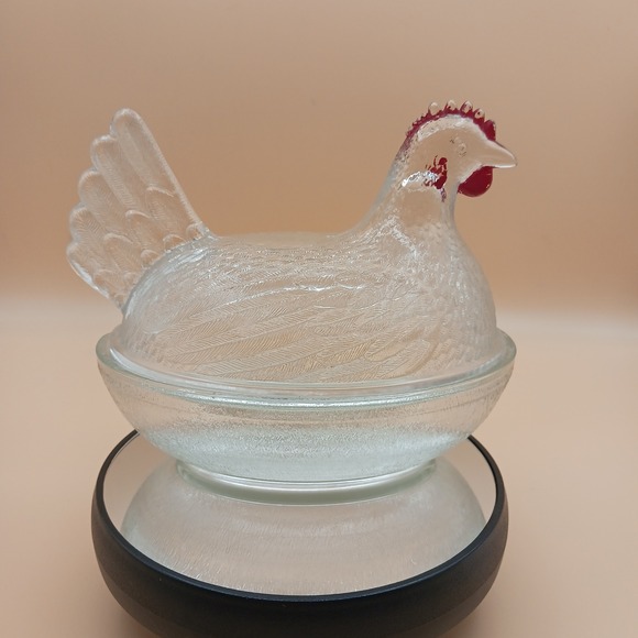 Indiana Glass Other - Indiana Glass Clear Hen on Nest Beadless Nest Red Paint Accents Candy Dish
